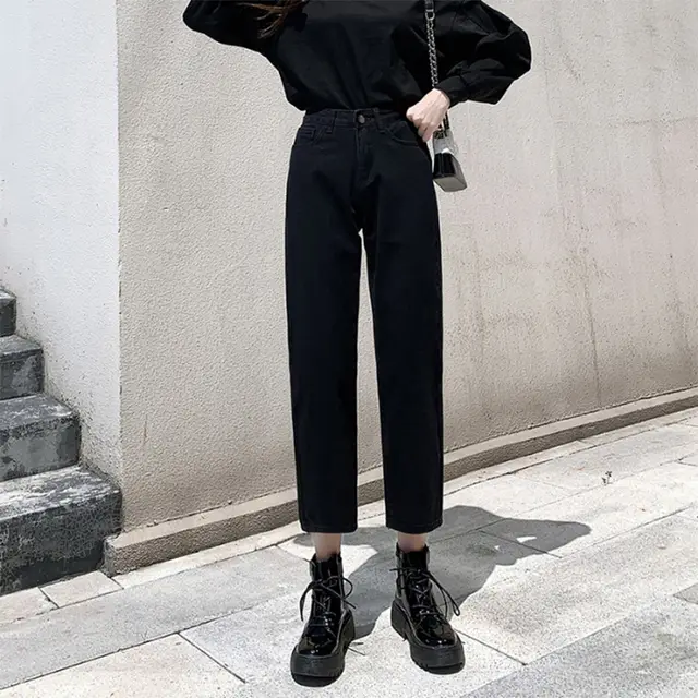 Women's Jeans Loose And Thin Nine Point Straight Wide Leg Pants Black - Shop at LoveMi