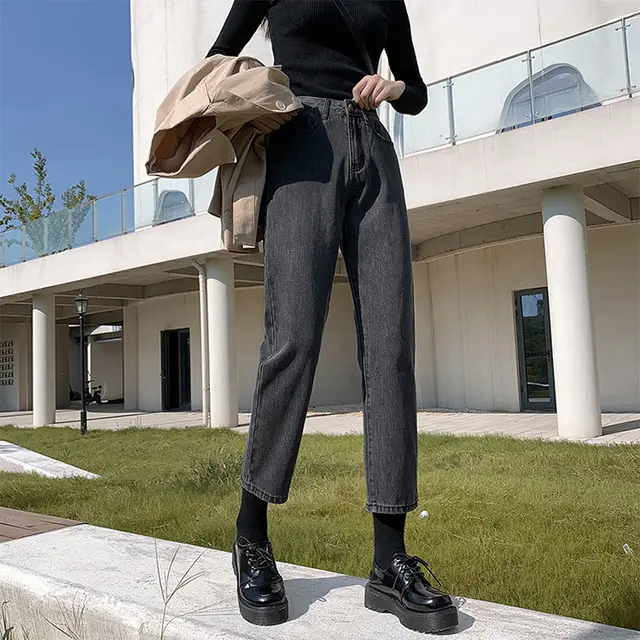 Women's Jeans Loose And Thin Nine Point Straight Wide Leg Pants Grey - Shop at LoveMi