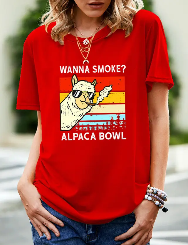SMOKE ALPACA BOWL Printed Short sleeved T shirt Women Red - Shop at LoveMi