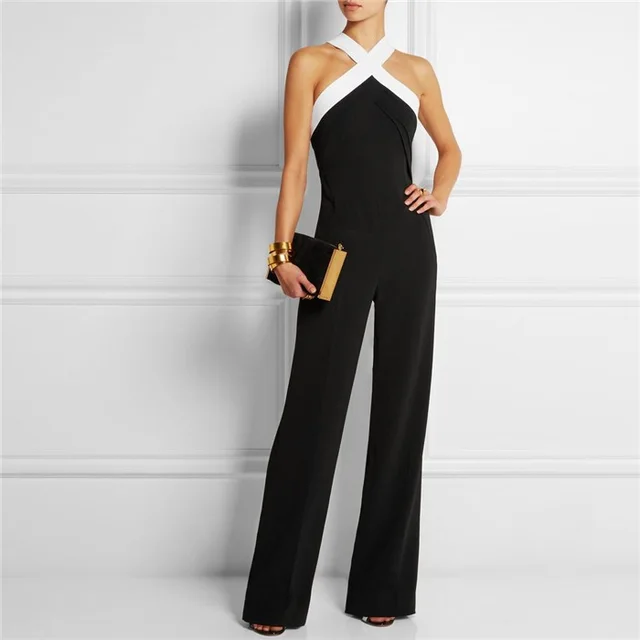 Black And White Stitching Leaky Shoulder Slim Women's Jumpsuit Trousers Black - Shop at LoveMi