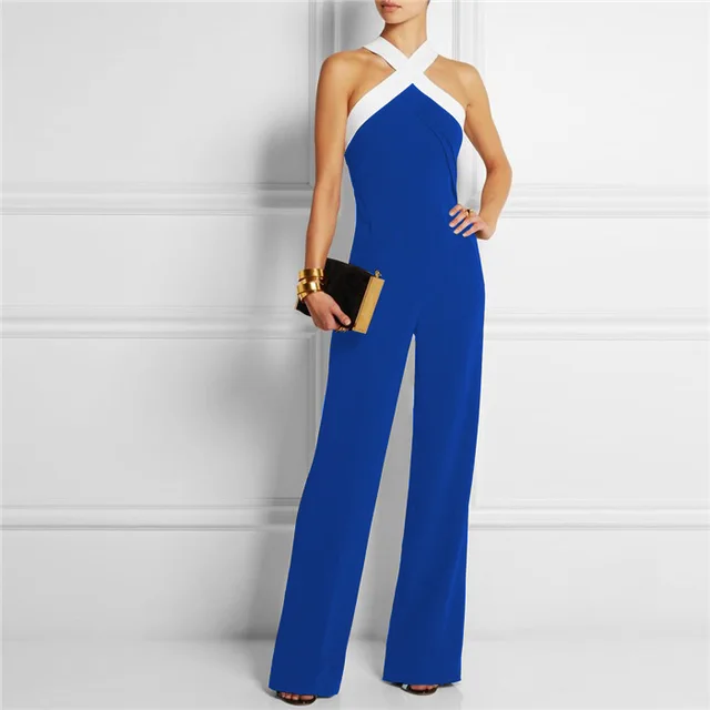 Black And White Stitching Leaky Shoulder Slim Women's Jumpsuit Trousers Blue - Shop at LoveMi