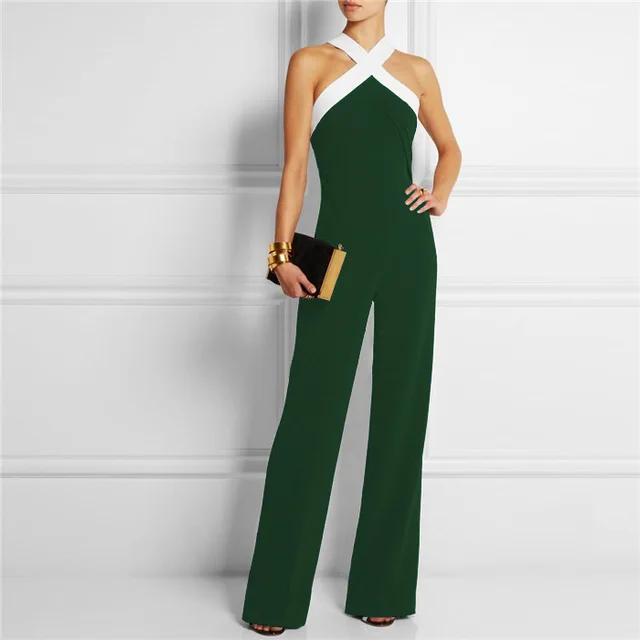 Black And White Stitching Leaky Shoulder Slim Women's Jumpsuit Trousers Green - Shop at LoveMi