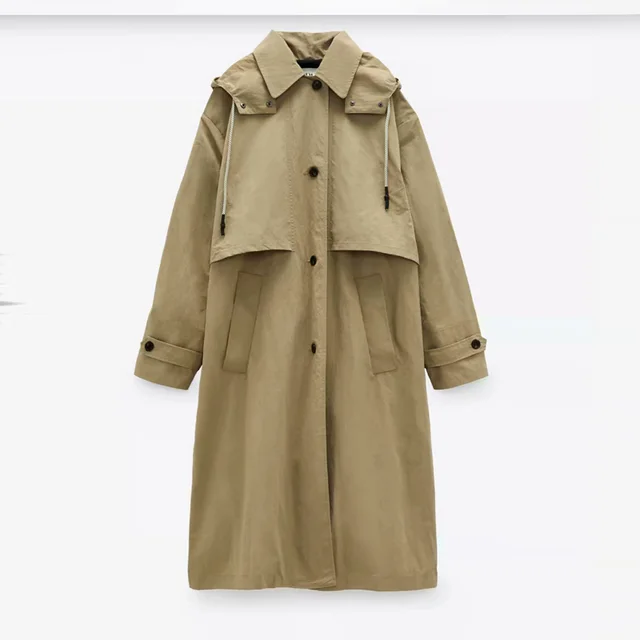 Single Breasted Khaki Solid Hooded Windbreaker Khaki - Shop at LoveMi