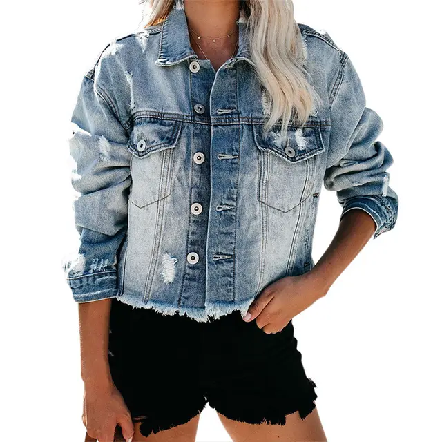 Ladies Denim Jacket Washed Denim Jacket Light Blue - Shop at LoveMi