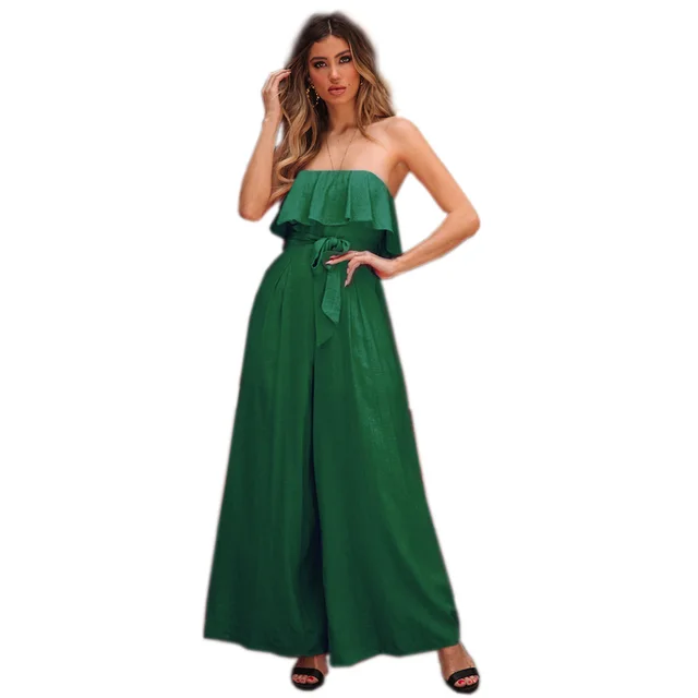 Sexy Tube Top High Waist Wide Leg Casual Trousers Suit Belted Pants Jumpsuit Green - Shop at LoveMi