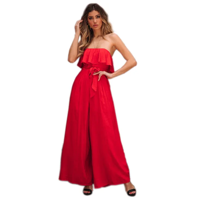 Sexy Tube Top High Waist Wide Leg Casual Trousers Suit Belted Pants Jumpsuit Red - Shop at LoveMi