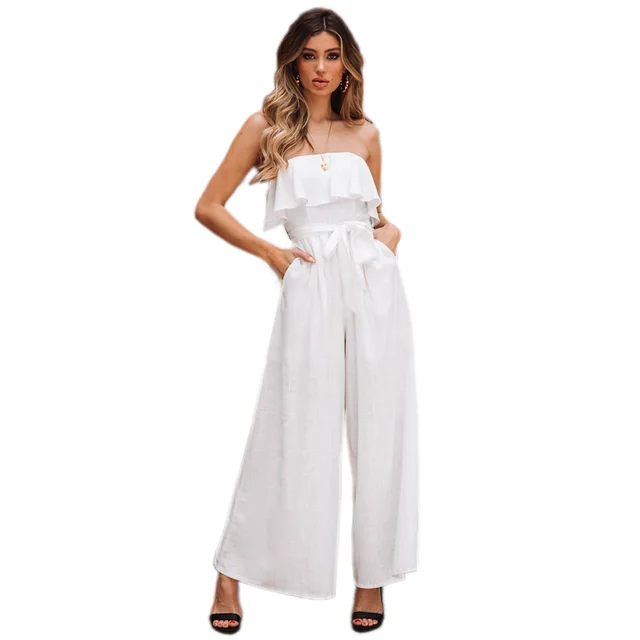 Sexy Tube Top High Waist Wide Leg Casual Trousers Suit Belted Pants Jumpsuit White - Shop at LoveMi