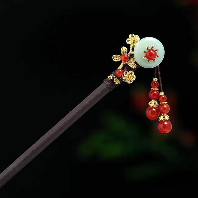 Palace Vintage Disc Hair Fringed Cheongsam Wooden Hairpin Red - Shop at LoveMi