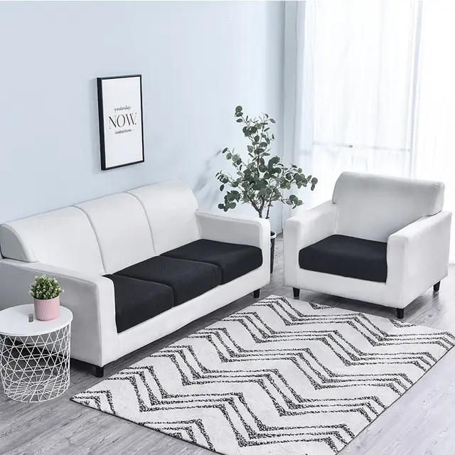 Polar Fleece Sofa Cushion Pure Color Stretch Full Cover Sponge Cushion Cover Black - Shop at LoveMi