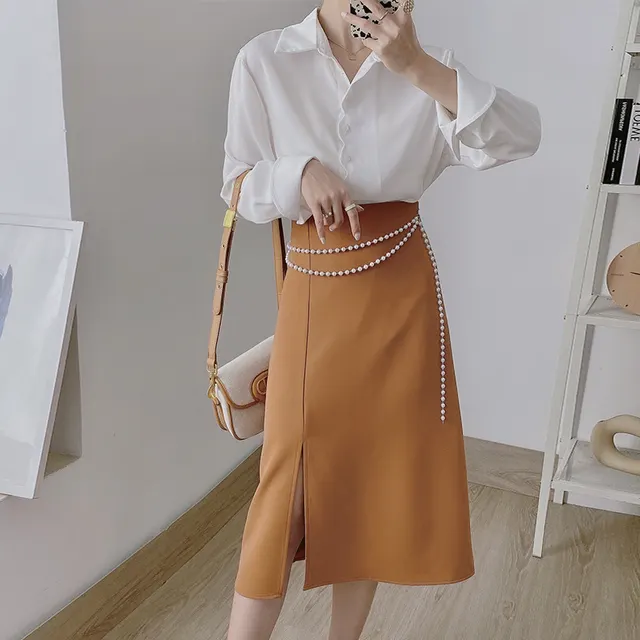 Temperament Slit Niche Design High waist Half length Bag Hip Skirt Orange - Shop at LoveMi