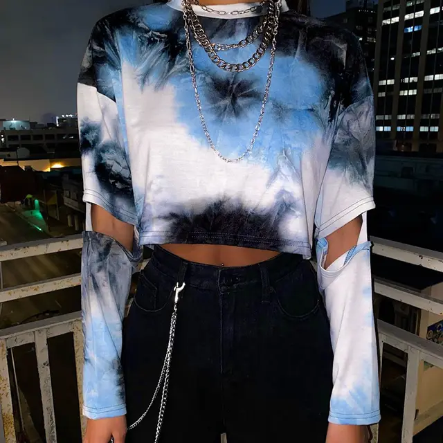 Broken Sleeve Tie Dye Printed Long Sleeve Cocktail Loose T shirt Top Blue - Shop at LoveMi