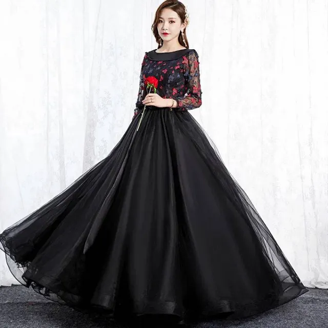 Black Park Collar Evening Dress Solo Host Performance, Pettiskirt Long Female Black - Shop at LoveMi