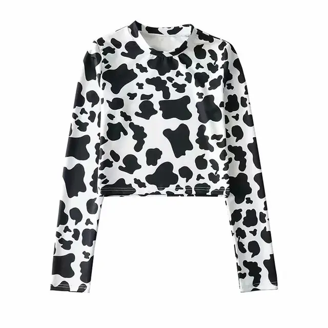 Cow Print Small High Neck Long Sleeve Bottoming Shirt Black - Shop at LoveMi