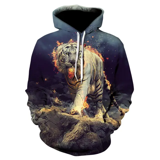 Tiger Digital Print Loose Hooded Sweatshirt Black - Shop at LoveMi