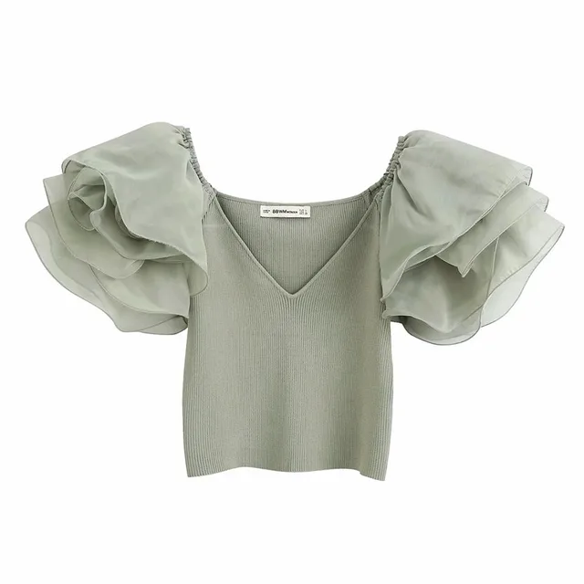Organza Short Sleeve Slim Fit Short Crop Top Green - Shop at LoveMi