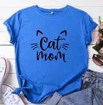 CAT MOM Printed Short-sleeved Cotton T-shirt - Blue
