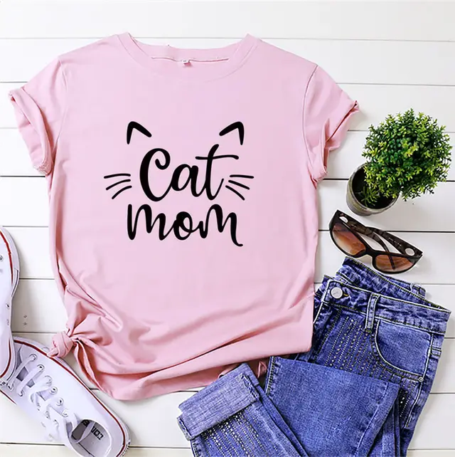 CAT MOM Printed Short sleeved Cotton T shirt Pink - Shop at LoveMi