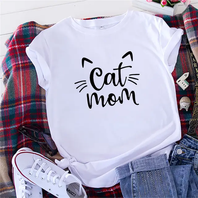 CAT MOM Printed Short sleeved Cotton T shirt White - Shop at LoveMi