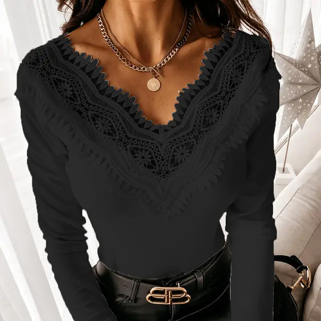 V Neck Lace Stitching Embroidered Short Sleeves Black - Shop at LoveMi