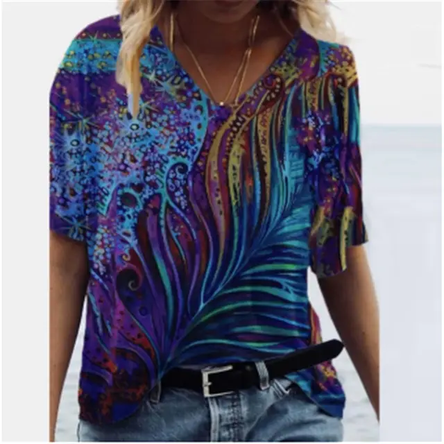 Multi size Positioning Printing Patch Pockets V neck Short Sleeves Blue - Shop at LoveMi