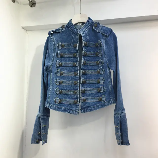 Handsome Military Sstyle Double Breasted Button Stitching Short Denim Jacket Top Blue - Shop at LoveMi