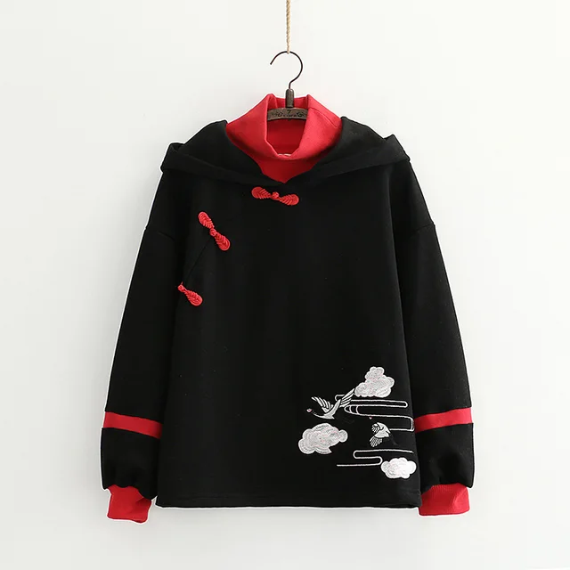 Women's Buckle Color Block Fleece Hooded Sweater Black - Shop at LoveMi