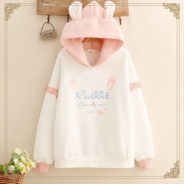 Lace Rabbit Print Hooded Plus Fleece Warm Sweater Pink - Shop at LoveMi