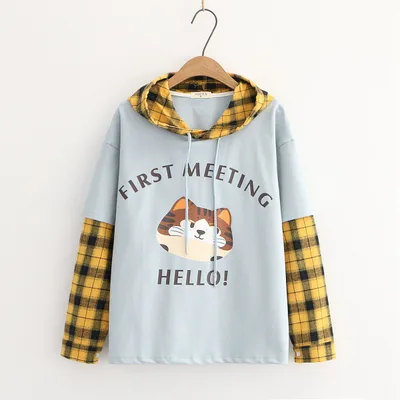 Cat Plaid Collar Hooded Long Sleeve Sweatshirt Light Blue - Shop at LoveMi