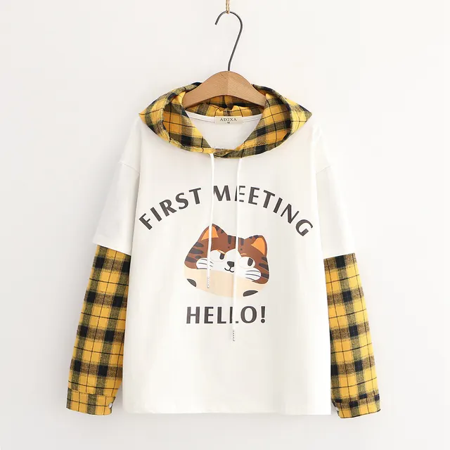 Cat Plaid Collar Hooded Long Sleeve Sweatshirt White - Shop at LoveMi