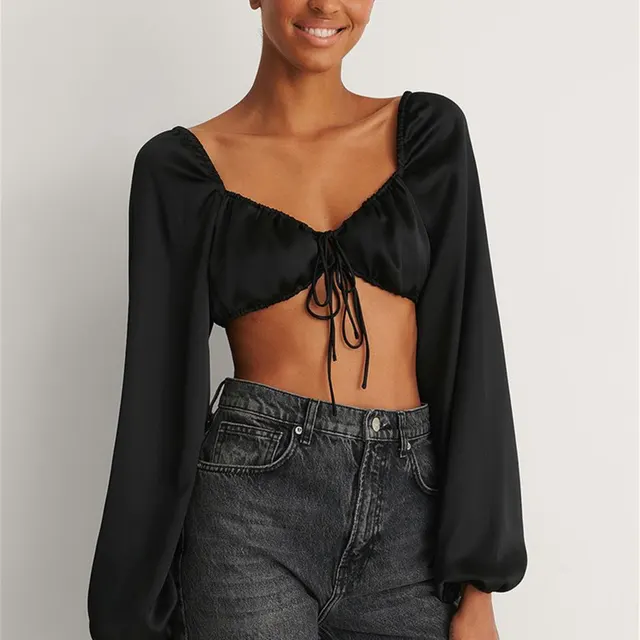 Long Sleeve V Neck Cutout T shirt Crop Top Black - Shop at LoveMi