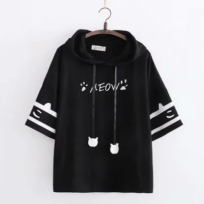 Harajuku Style Cat's Paw Embroidery Hooded Short Sleeved T Shirt Black - Shop at LoveMi