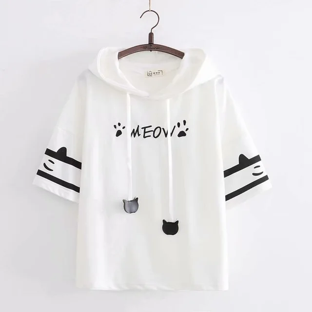 Harajuku Style Cat's Paw Embroidery Hooded Short Sleeved T Shirt White - Shop at LoveMi