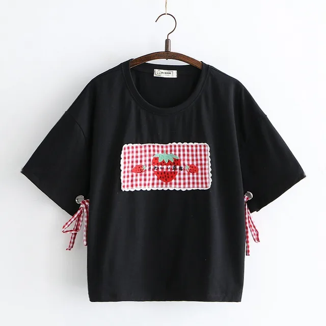 Small Fresh Casual Box Strawberry Embroidery Eyelet Lace Up Cuff Short Sleeved T Shirt Women Black - Shop at LoveMi