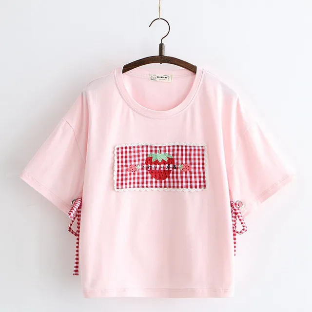 Small Fresh Casual Box Strawberry Embroidery Eyelet Lace Up Cuff Short Sleeved T Shirt Women Pink - Shop at LoveMi