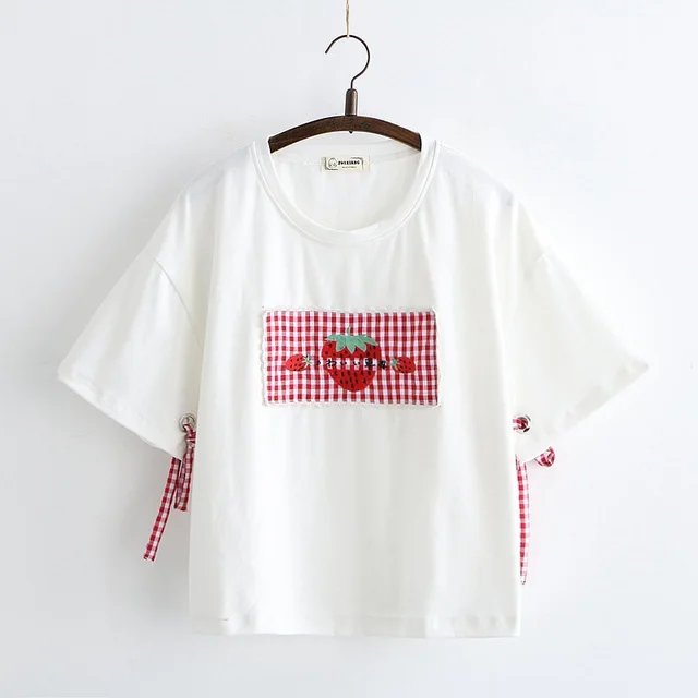Small Fresh Casual Box Strawberry Embroidery Eyelet Lace Up Cuff Short Sleeved T Shirt Women White - Shop at LoveMi