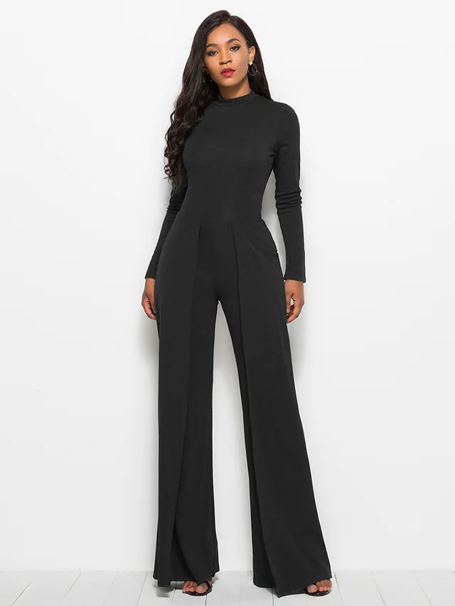 Fashion Round Neck Long Sleeve Wide Leg Jumpsuit Black - Shop at LoveMi