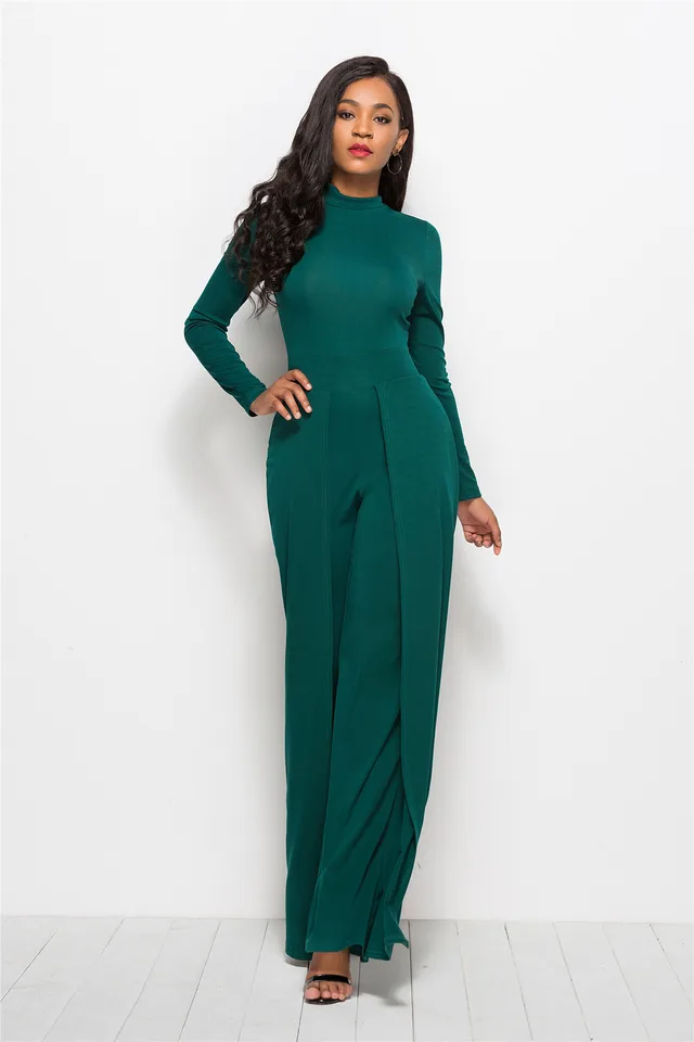 Fashion Round Neck Long Sleeve Wide Leg Jumpsuit Green - Shop at LoveMi
