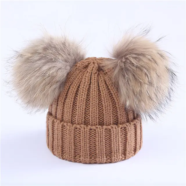 Hat Female Autumn And Winter Real Raccoon Fur Ball Plus Fluffy Beanie Khaki - Shop at LoveMi