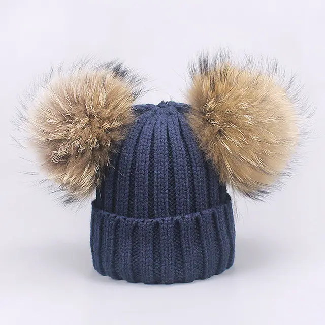 Hat Female Autumn And Winter Real Raccoon Fur Ball Plus Fluffy Beanie Navy - Shop at LoveMi