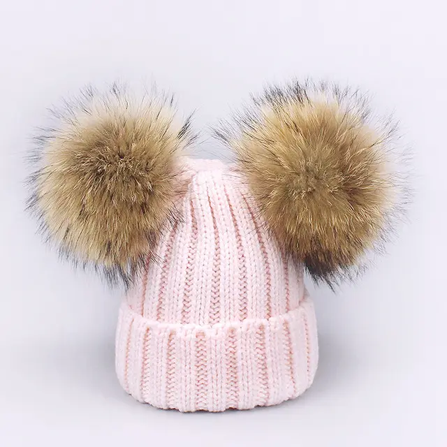 Hat Female Autumn And Winter Real Raccoon Fur Ball Plus Fluffy Beanie Pink - Shop at LoveMi