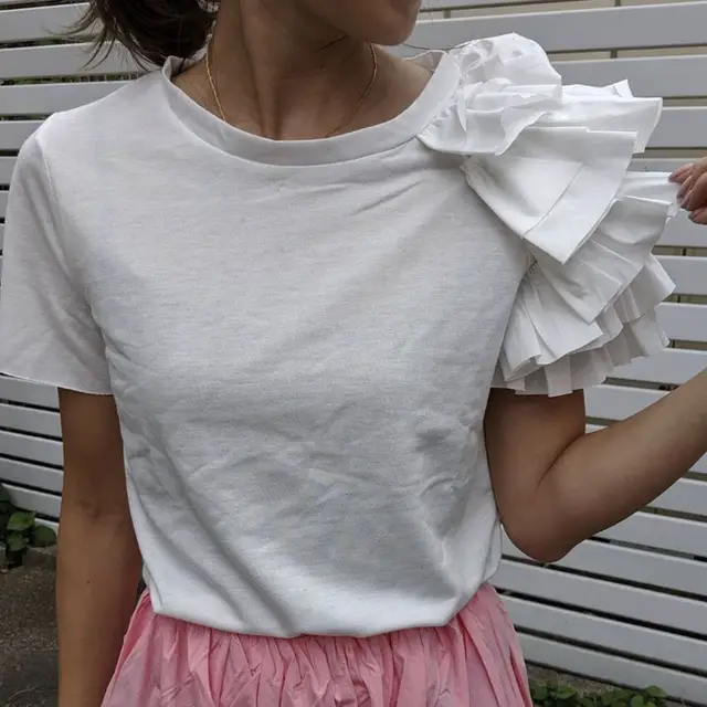 Korean Style Personalized Stitching Lace Loose T Shirt White - Shop at LoveMi