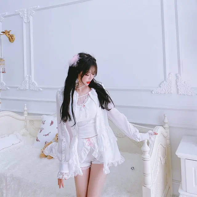 Crystal Mermaid Shirt Lace Double Bottom Skirt Top White - Shop at LoveMi