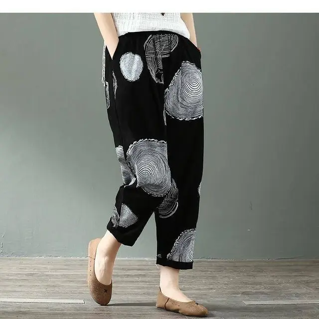 Thin Section Breathable Retro Fashion Nine Point Summer Loose Printed Women's Trousers Black - Shop at LoveMi