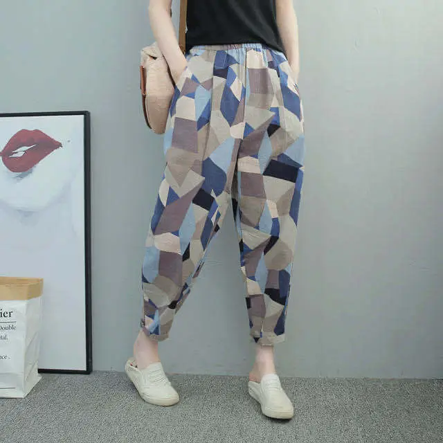 Thin Section Breathable Retro Fashion Nine Point Summer Loose Printed Women's Trousers Geometric Figure 2 - Shop at LoveMi