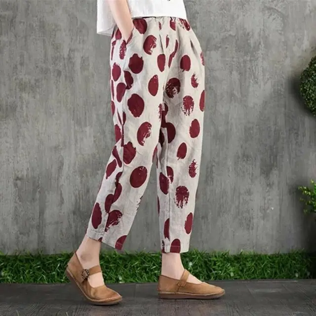 Thin Section Breathable Retro Fashion Nine Point Summer Loose Printed Women's Trousers Red - Shop at LoveMi