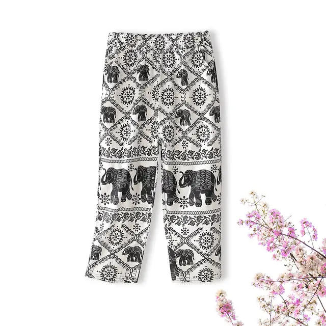 Thin Section Breathable Retro Fashion Nine Point Summer Loose Printed Women's Trousers Whitebackground Elephant - Shop at LoveMi