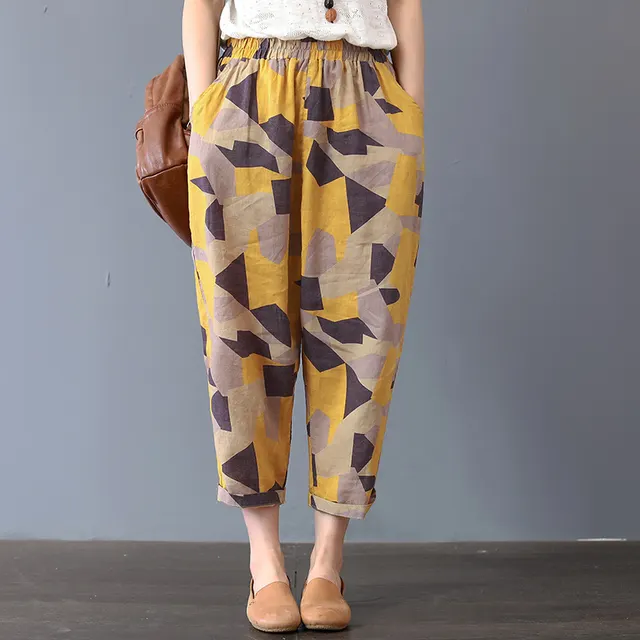 Thin Section Breathable Retro Fashion Nine Point Summer Loose Printed Women's Trousers Yellow - Shop at LoveMi
