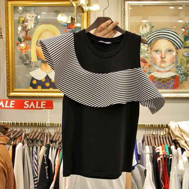 New Ruffled Shoulder Off Shoulder Irregular Round Neck T Shirt Women All match Top Black - Shop at LoveMi