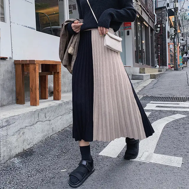 New Retro Style Contrast Color Stitching Knitted High Waist Pleated Mid Length Skirt Women Black - Shop at LoveMi