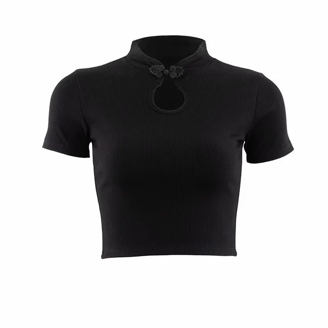 Retro Disc Button Slim Cropped Short Sleeved Shirt Tight Fitting High Waist T shirt Black - Shop at LoveMi